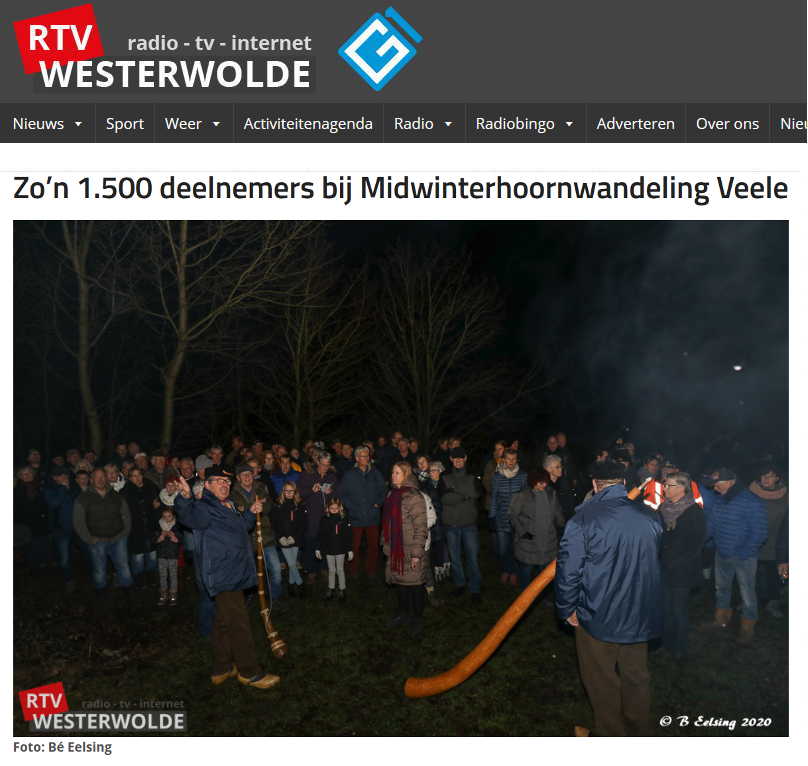 Eén van de vele webartikelen van RTV Westerwolde; deze is van 04-01-2020 “Zo’n 1.500 deelnemers bij Midwinterhoornwandeling Veele”    (klik voor vergroting)